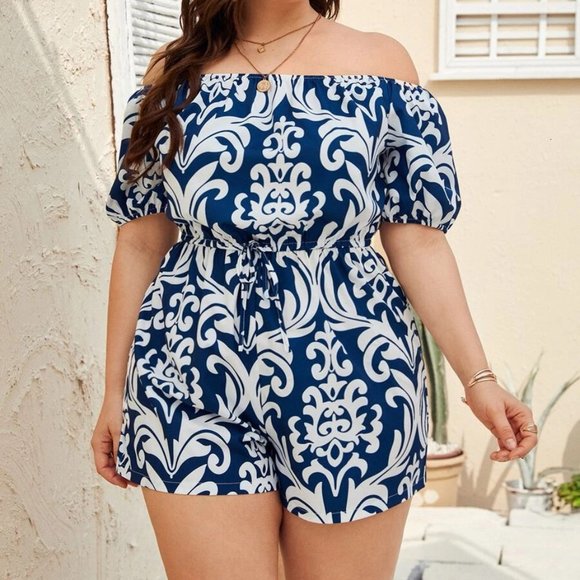 Plus Size Women's Romper 0XL Boho Off Shoulder White Blue Romper size 12-14us - Picture 2 of 5